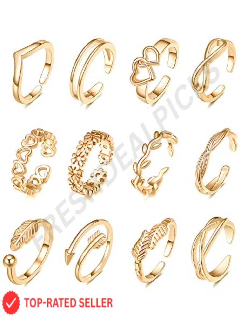 12 Pc Gold Toe Rings for Women Non Tarnish Adjustable Open Set